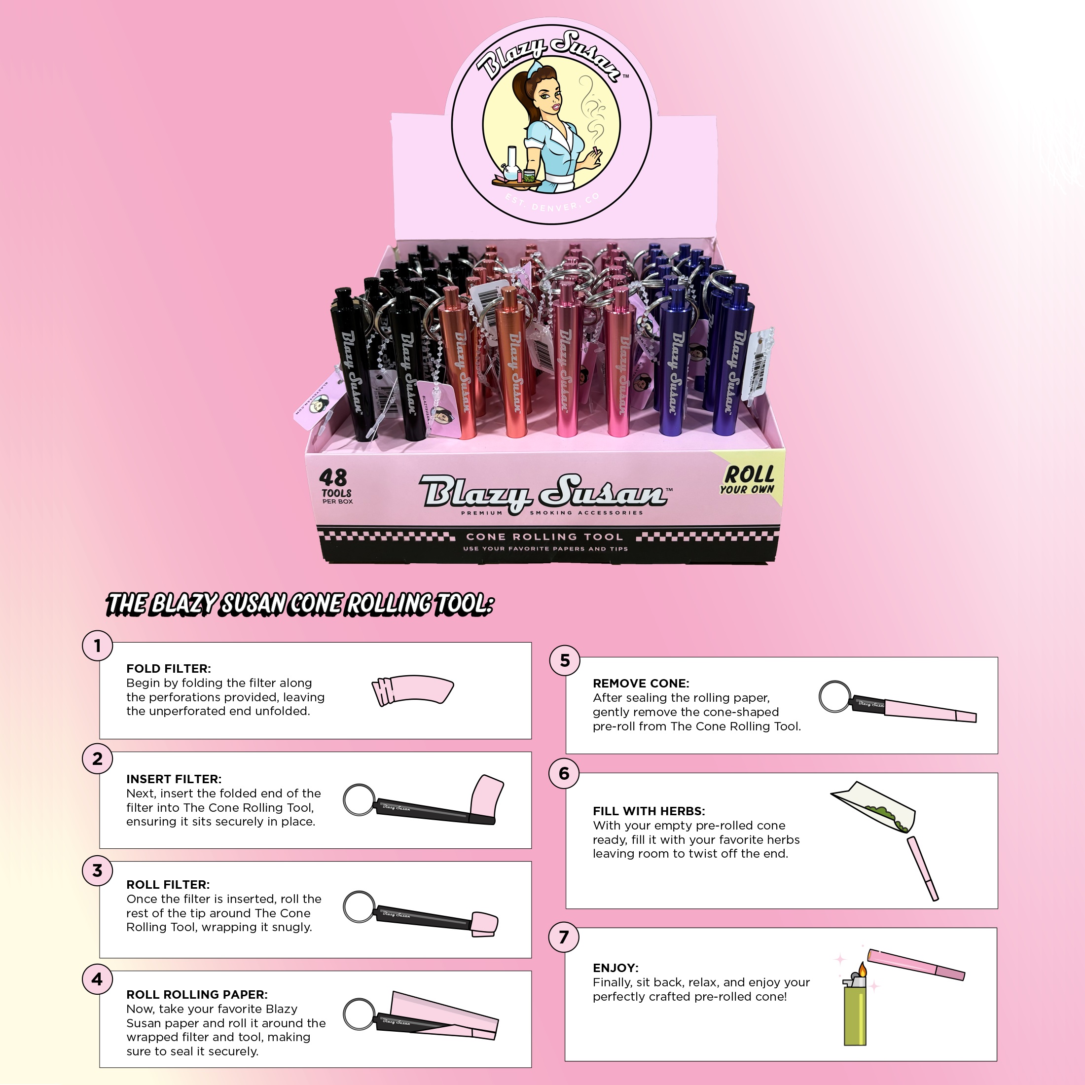 Blazy Susan Cone Rolling Tool Display 48CT, thc, dry herb, flower, cone